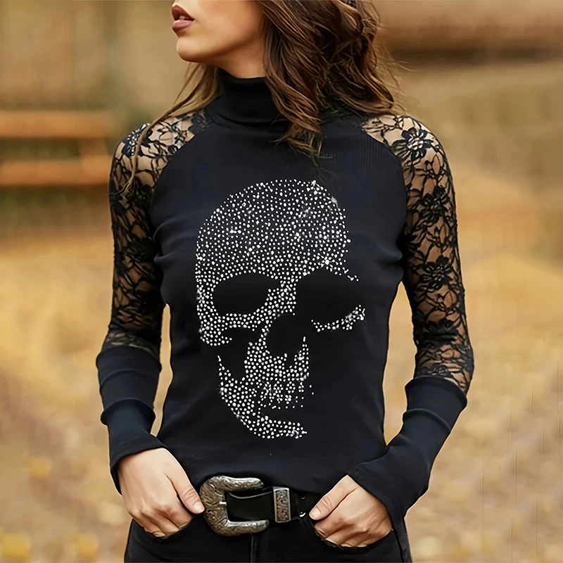 GELITAYIN Sexy Women's T-shirt Black Tops Fashion Zircon Skull Head Lace Hollow Slim Casual Famale Y2K Clothes High Collar Long