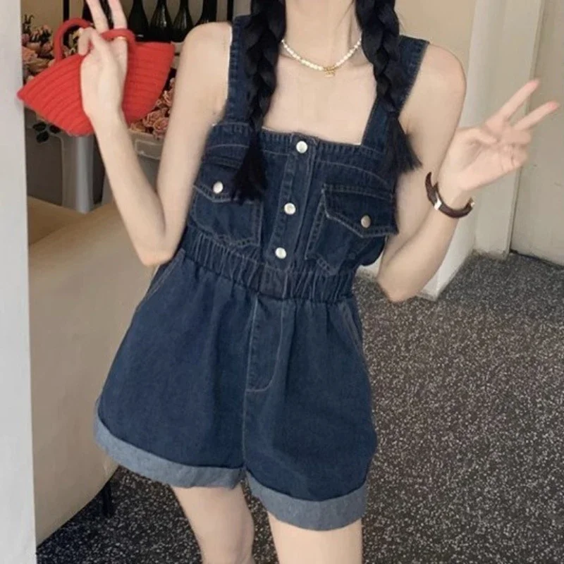 

Y2k Fashion Denim Jumpsuit Women's Summer Stretch Pants Waist Slim Denim Shorts High Waist Loose Rolled Edge Cute Wide Leg Jeans