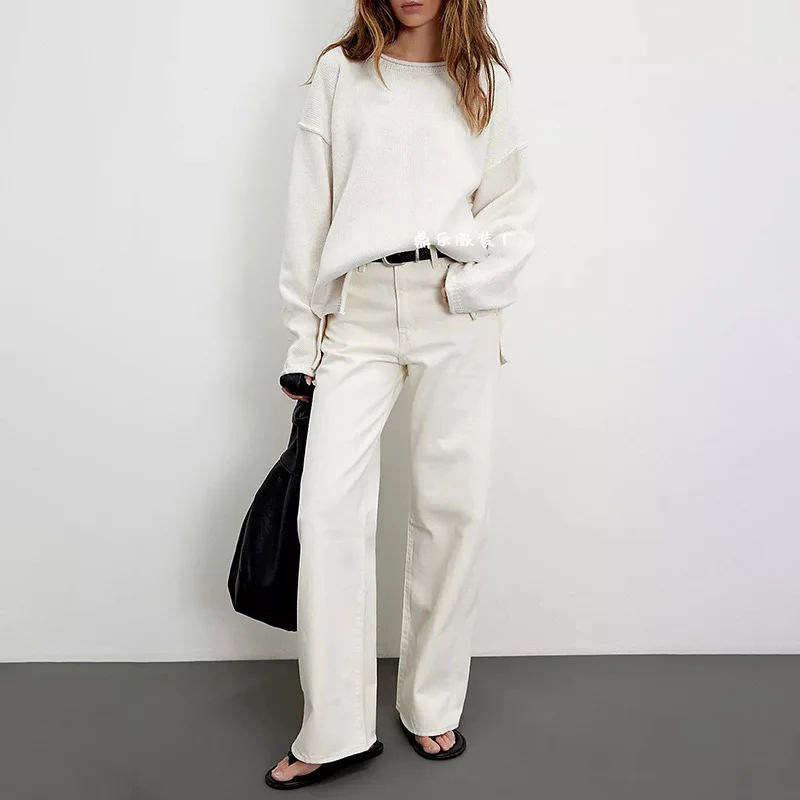 Autumn Winter American European Women's Solid Color Simple Basic Loose O-neck Long Sleeve Casual Trendy Knitted Sweater Pullover