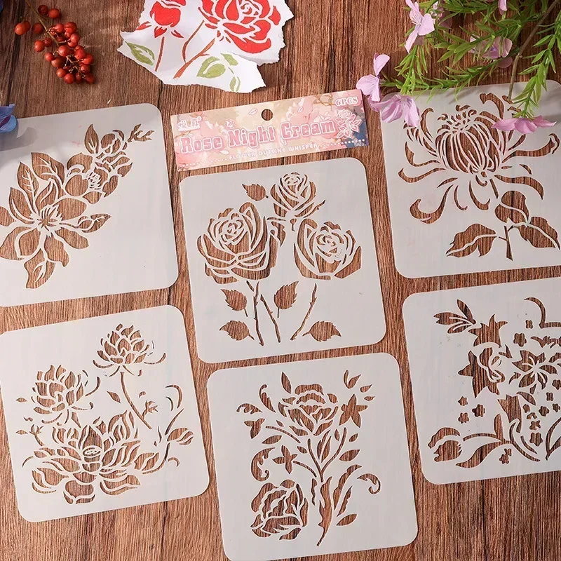 6pcs/set Retro Aesthetic Floral Stencils Scrapbook Journal Stencils for Painting Mini Portable Wall Plastic Stencil Templates