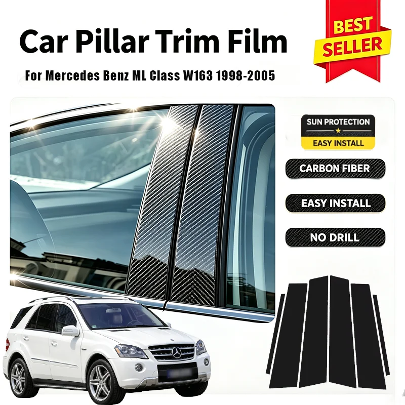 For Mercedes Benz ML Class W163 1998-2005 Car Door Window B C Pillar Glossy Black Carbon Fiber Cover Sticker Decorative Protecto