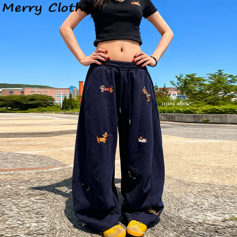 Street Style Worsthond Borduren Rechte Wijde Pijpen Joggingbroek Dames Trekkoord Taille Retro Geplooide Slanke Casual Enkelbroek