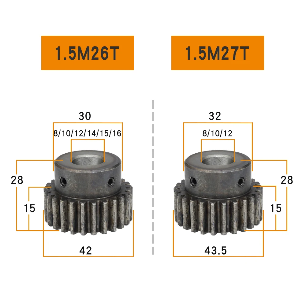 1.5 M-26T/27T Spur Gear Teeth Pitch 4.71mm Bore 8-17 mm Motor Gear SC45 Carbon Steel Blackening High Frequency Quenching