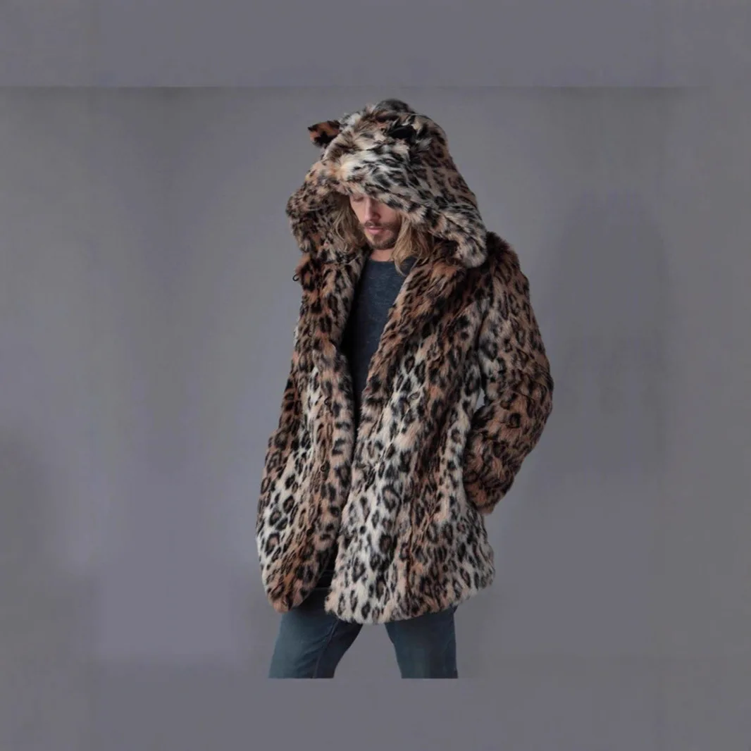 Jaket Bulu Imitasi Pria Mantel Musim Dingin Tebal Berkerudung Motif Leopard Panjang Sedang Hangat Telinga Mantel Vintage Longgar Kasual 2025 Pakaian Luar