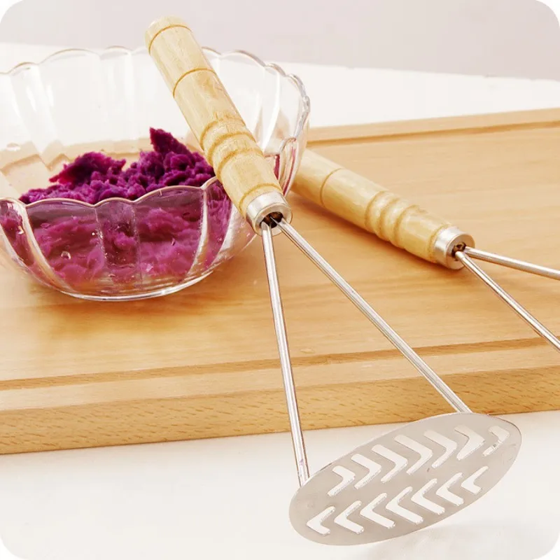 Wooden Handle Stainless Steel Potato Masher With Broad Mashing Plate Mashed Potatoes Making Tools Fruit Vegetable Press Crusher