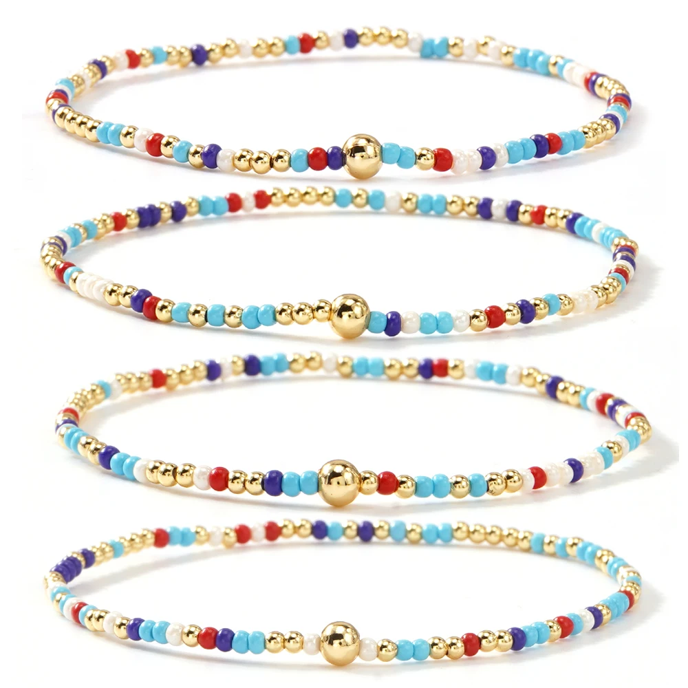 3 قطع من أساور خرز البذور الملونة مع خرز ذهبي، سوار بوهو مطاطي مصنوع يدويًا، مجوهرات صيفية لطيفة للنساء والفتيات
