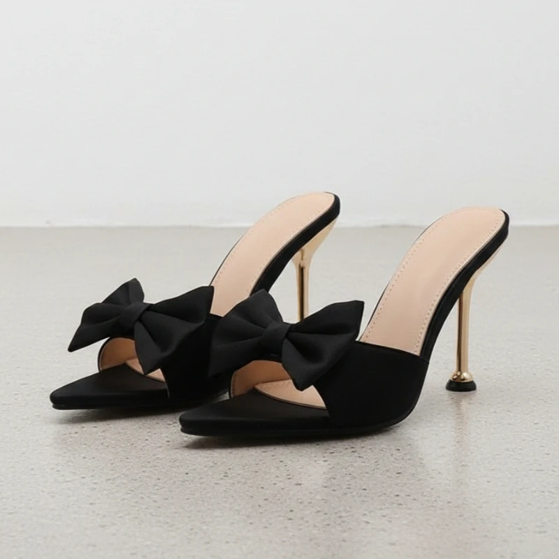 

Women’s Elegant Satin Slingback Mules Sexy Pointed Toe High Heel Sandals with Bow Decoration for Party Wedding Prom Formal