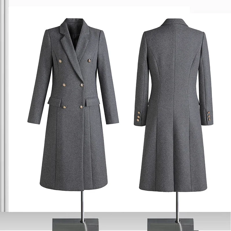 High quality wool blend long trench coat for women big size double breasted new winter 2025 elegant clothes - black grey blue