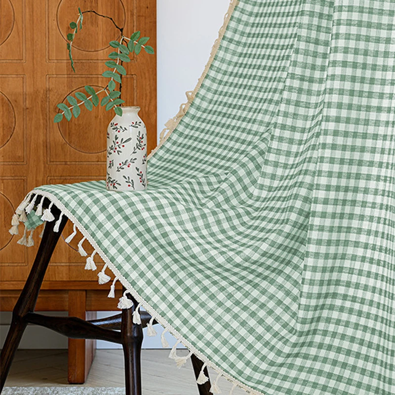Forest Style Tassel Edge Grid Curtains Are Suitable for Bedrooms Living Rooms Balconies and Daily Home Decoration 1/2pcs