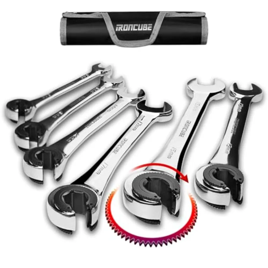 

Brake Line Wrench Set: 6 Pcs Metric - Ratcheting Open-end for Nuts on Fuel Brake or Air Conditioning Lines