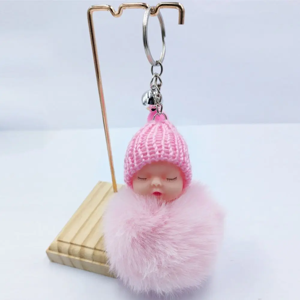 Sleeping Baby Key Ring Bag Pendant Pompom Key Buckle Faux Rabbit Fur Keyrings Plush Knitted Hat Keychain Fluffy Jewelry Key Ring