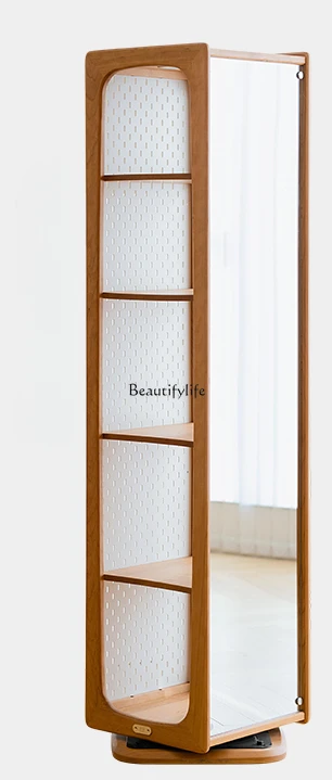 Rotating Dressing Mirror Solid Wood Rotating Bookshelf Cherrywood Floor Full-Length Mirror Bookcase