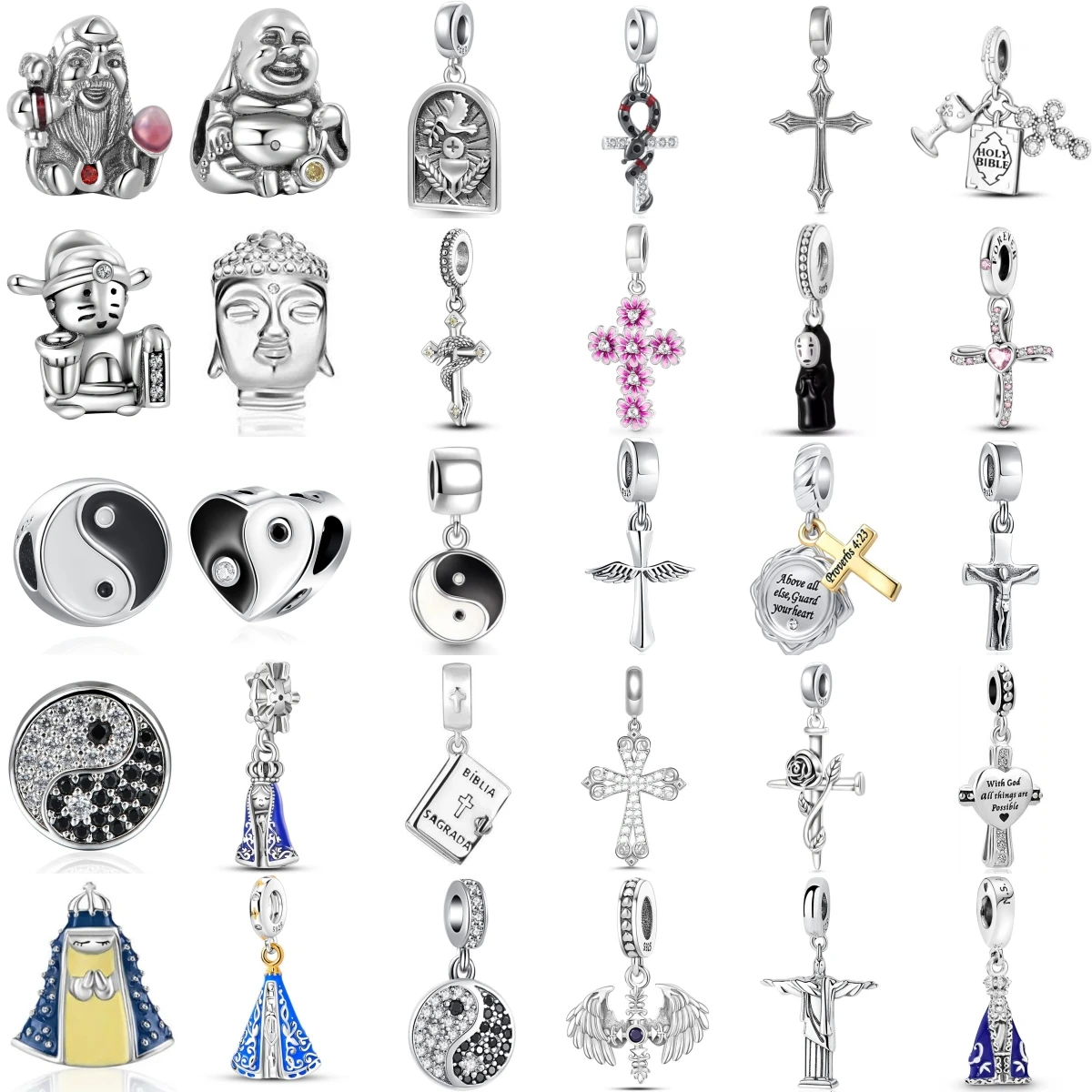 Breloques religieuses en argent S925 Bouddha Yin Yang Dieu de la Richesse Vierge Marie Croix Bijoux de foi biblique Cadeau Accessoires originaux