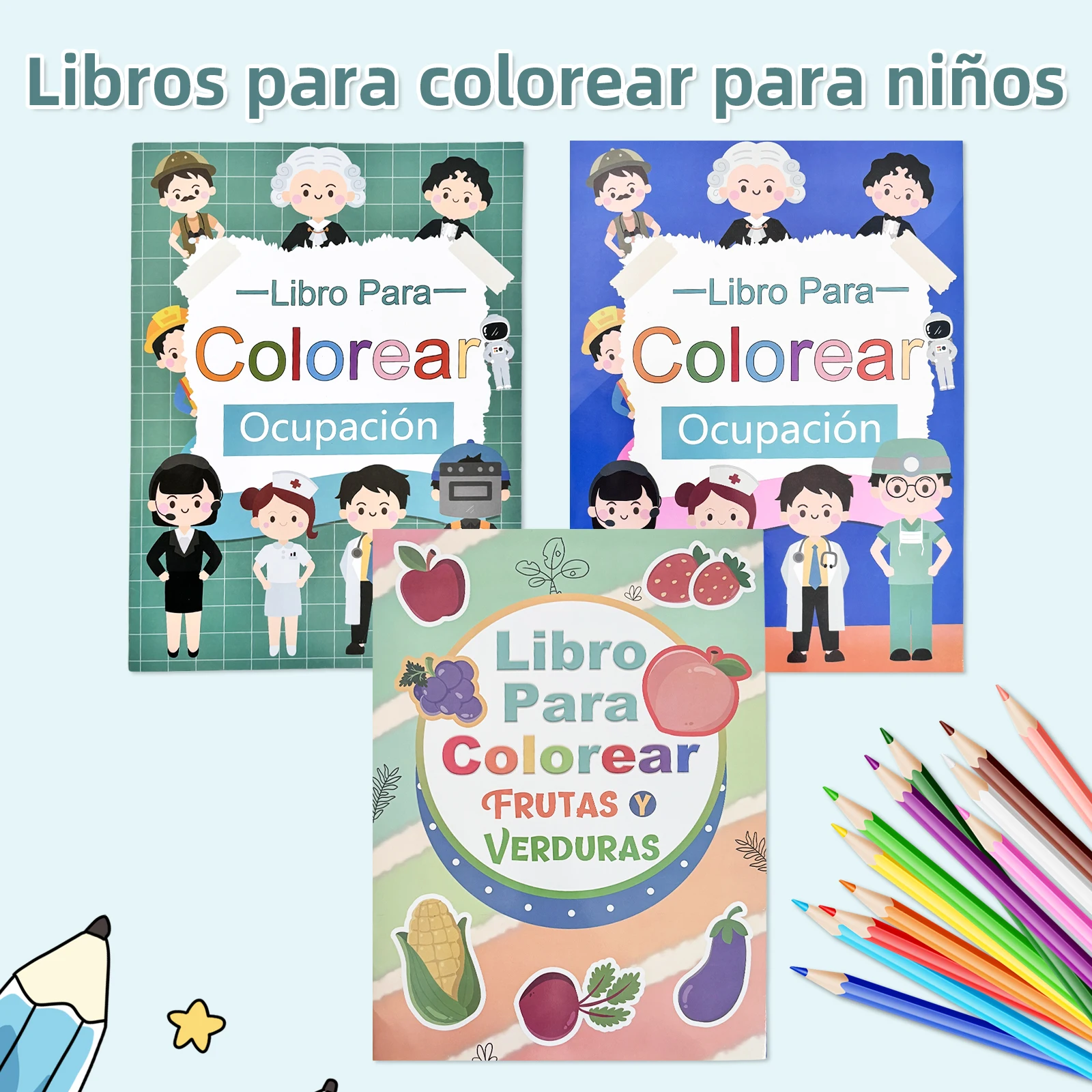Paquete de 3 libros para colorear en español para niños, libros educativos con ilustraciones de ocupaciones, frutas y verduras para aprendizaje preescolar