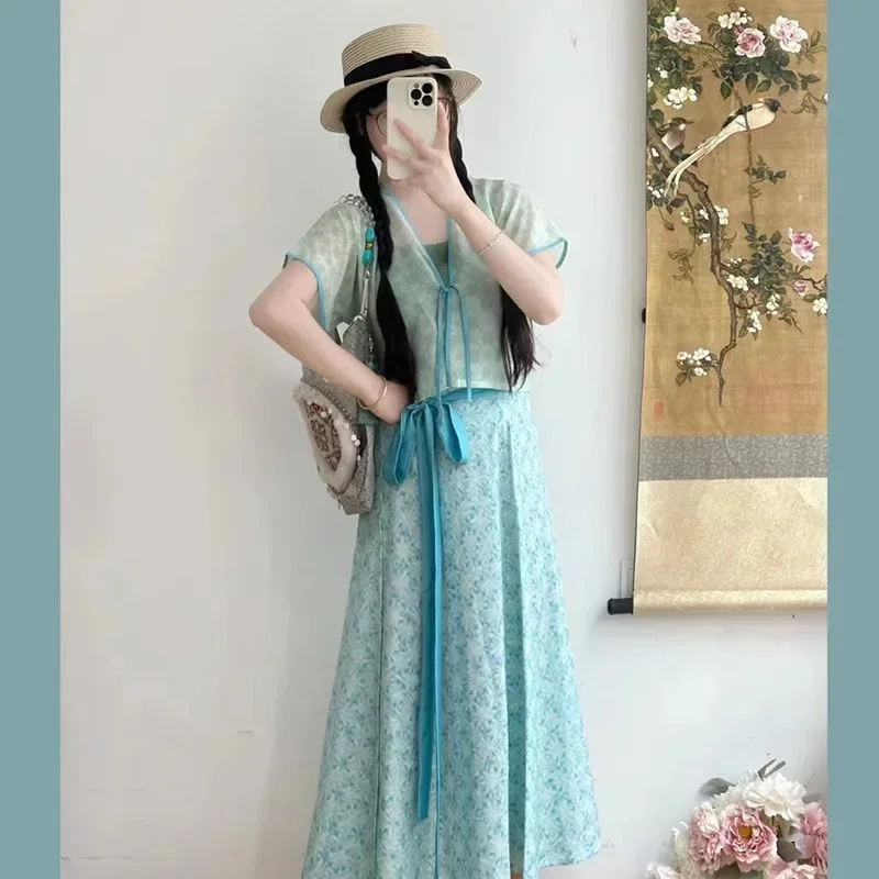 Ancient Chinese Women Costume Tang Dynasty Style Blue Short Sleeved Coat Skirt Green Camisole Modern Hanfu Vestidos De Mujer