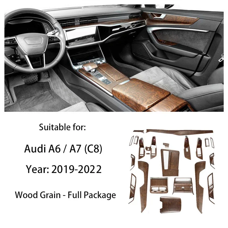 

For Audi A6L A6 A7 4a 4k C8 2019 2020 2021 2022 2023 2024 Wood Grain Overlay on Dashboard, Door, Gearshift, Air Vent, Door Panel