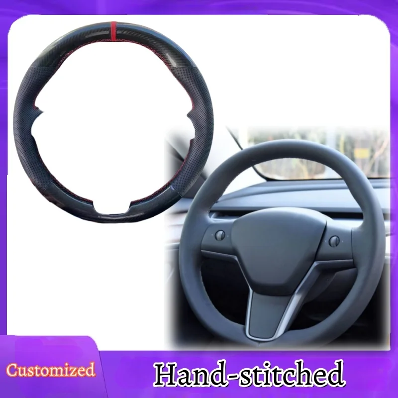 

Customized Hand-stitched Carbon Fiber Leather Steering Wheel Cover For Tesla Model 3 2015-2021 Model Y 2019-2021 Car Accessories