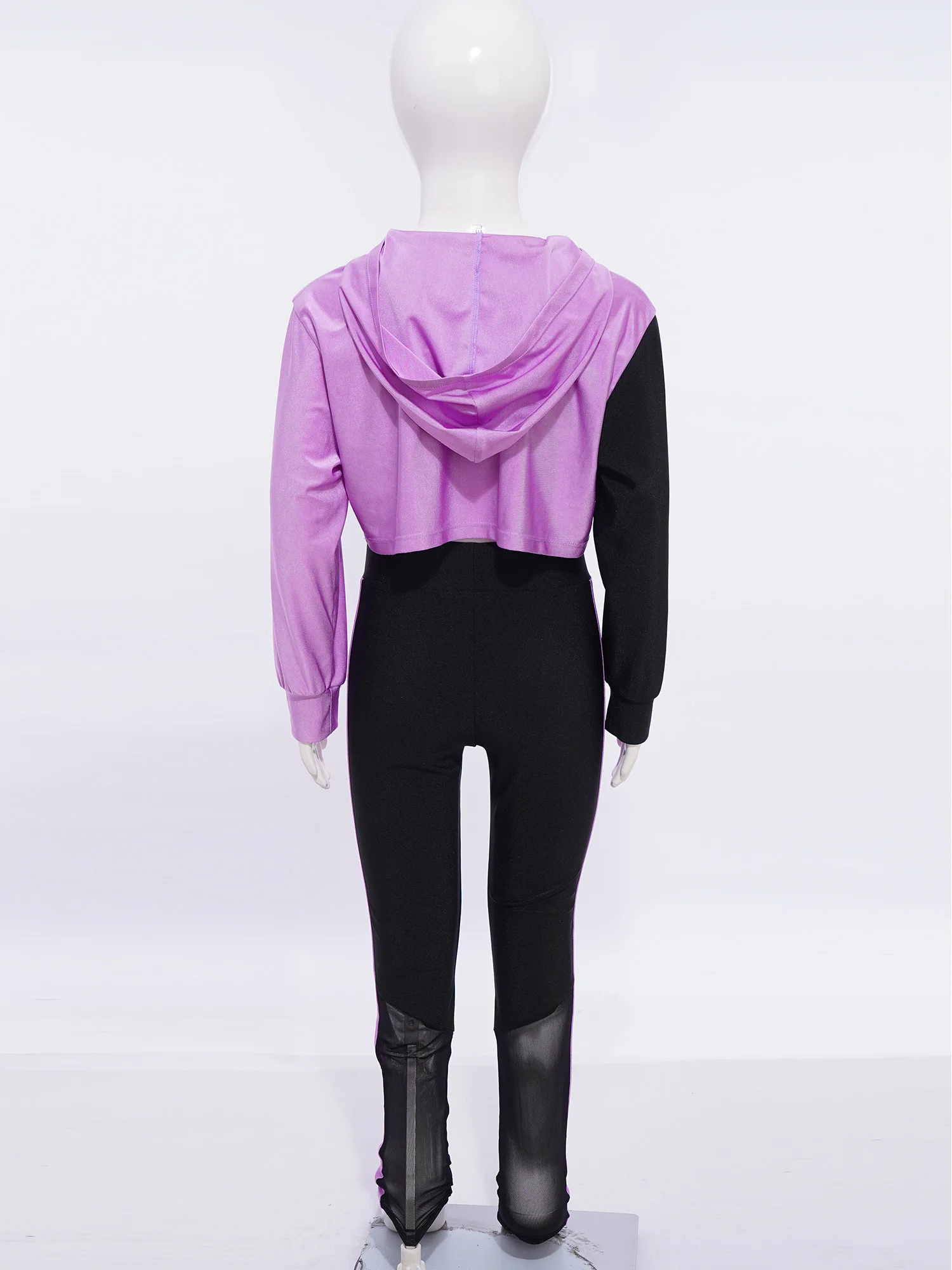 Breathable Teens Girls Color Block Sports Outfit Long Sleeve Asymmetrical Hem Cropped Hoodie+Vest+ Leggings Gym Performance Set