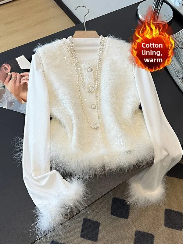 

New Chinese Sle Cotton Lined Warm Vest Small Fraance Sle National Wind Ostrich Feather oulder Top Single Button round...
