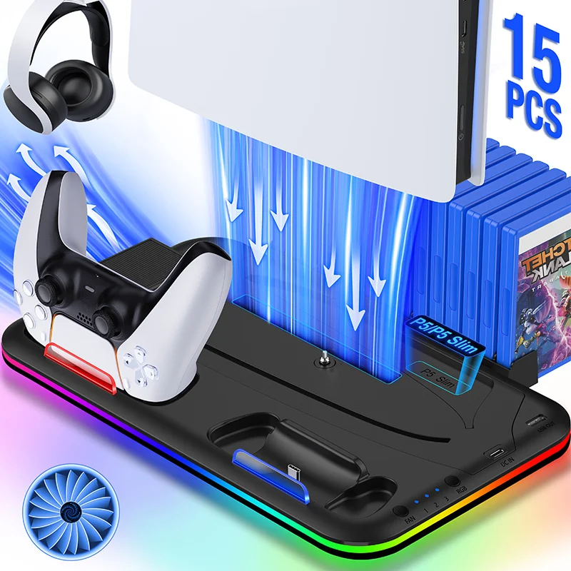 Voor PS5 Slim Cooling Stand met RGB Licht Fan Voor PS5 Console Disc & Digitale Edities PS5 Controller Dual Controller Opladen Dock