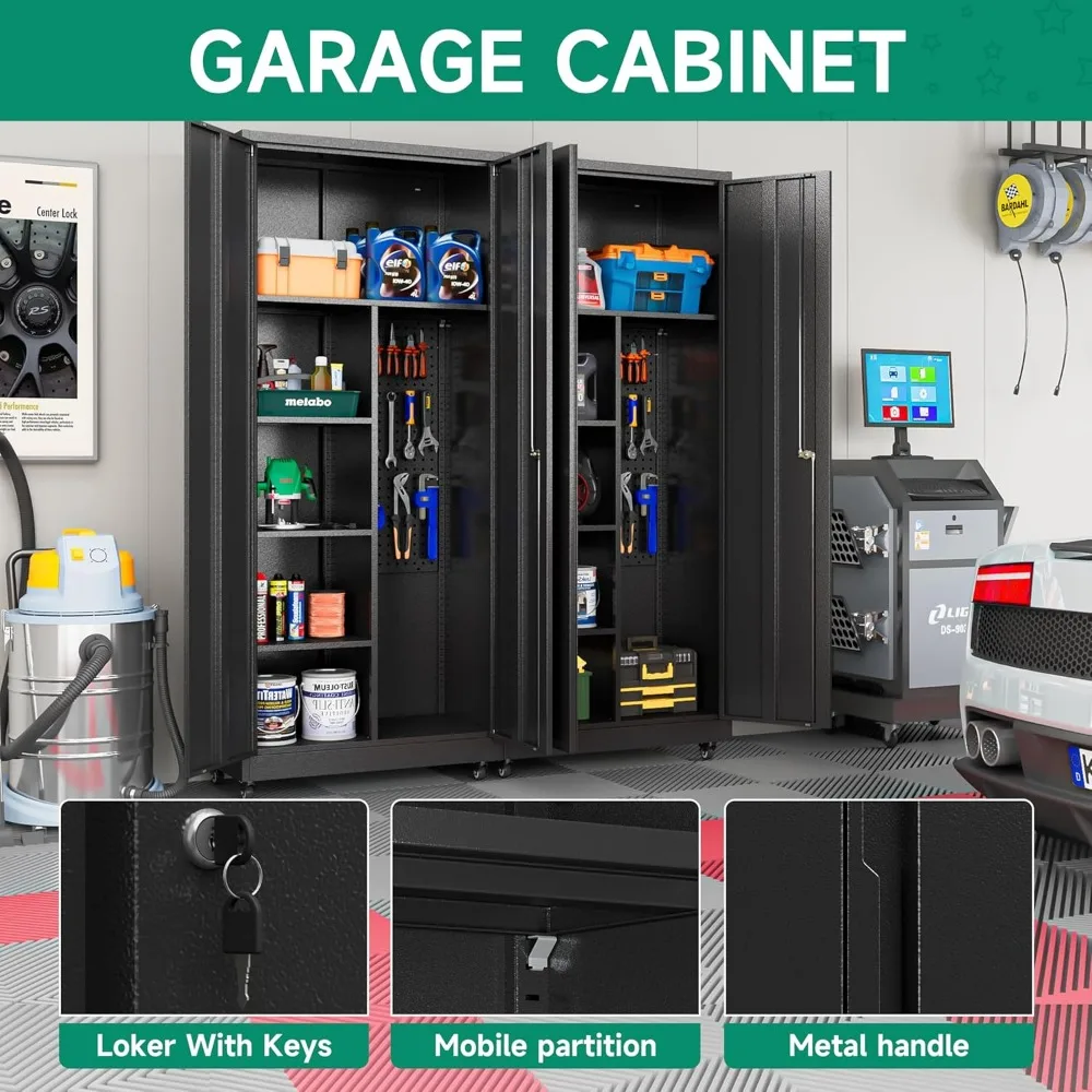 Metal Garage Storage Cabinet with Wheels,Rolling Tool Storage Cabinet with Lock,Steel Locking Cabinet with Locking Doors and Adj