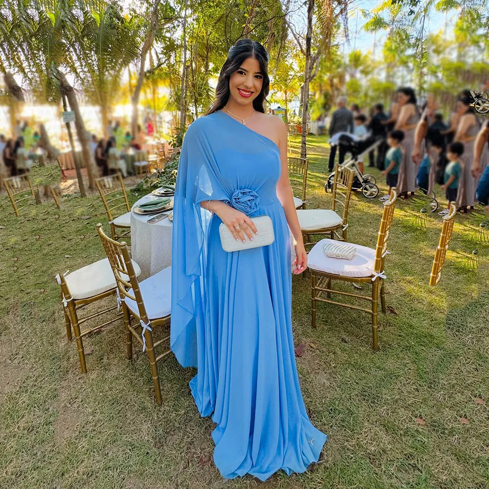 

Msikoods Blue Chiffon Evening Dresses 2025 One Shoulder Bridesmaid Dress Wedding Party Dress 3D Flower Prom Gown Customized