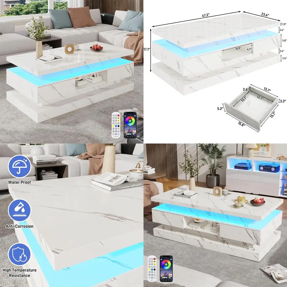 

LED Coffee Table 47.2 Inch Modern High Glossy with Sliding Drawers, Double-Layer Center Table, LED Lights for Living Room Decor
