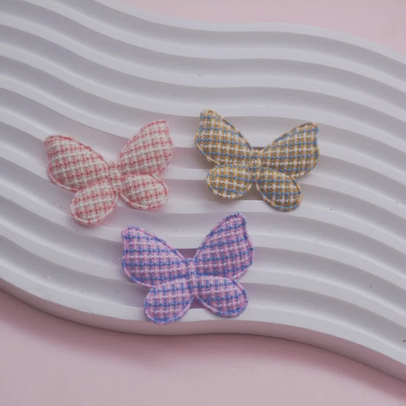 48Pcs 4.3x3.5CM Lattice Fabric Butterfly Padded  Appliques For DIY Hair Clip Accessories Garment Headwear Decor Patches