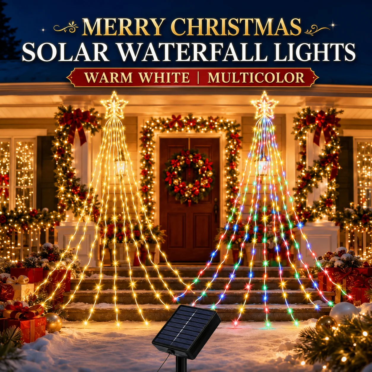 Solar Waterfall Christmas Tree Lights 200/290 LED, 8 Flashing Modes, Multicolor Warm White Outdoor Holiday Garden Decor