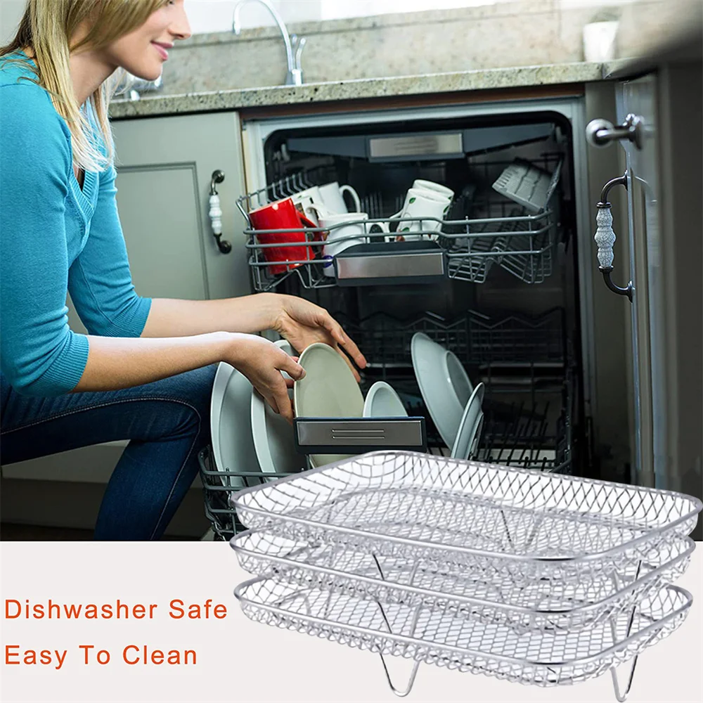 3-layers Air Fryer Rack Stainless Steel Stackable Grid Grilling Rack For Air Fryer Basket Tray Outdoor Camping Cooking Supplies