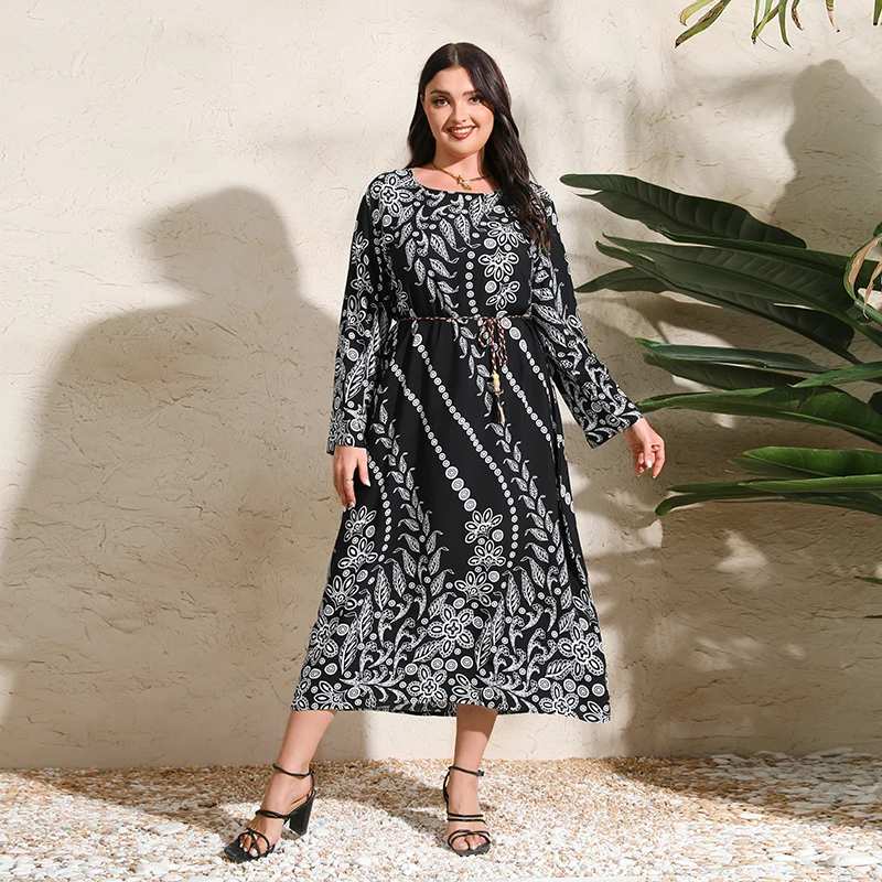 Muslim Women Print Maxi Dress 2024 Spring Bohemian Print Kaftan Dubai Abaya Islamic Clothing Marocain Caftan Jalabiya Vestidos