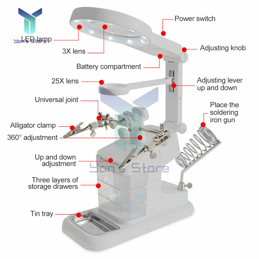 Multifunctional Electric Soldering Iron LED Magnifier 3X/4.5X Magnifying glass Alligator Clip Holder Helping Hand Welding Tools