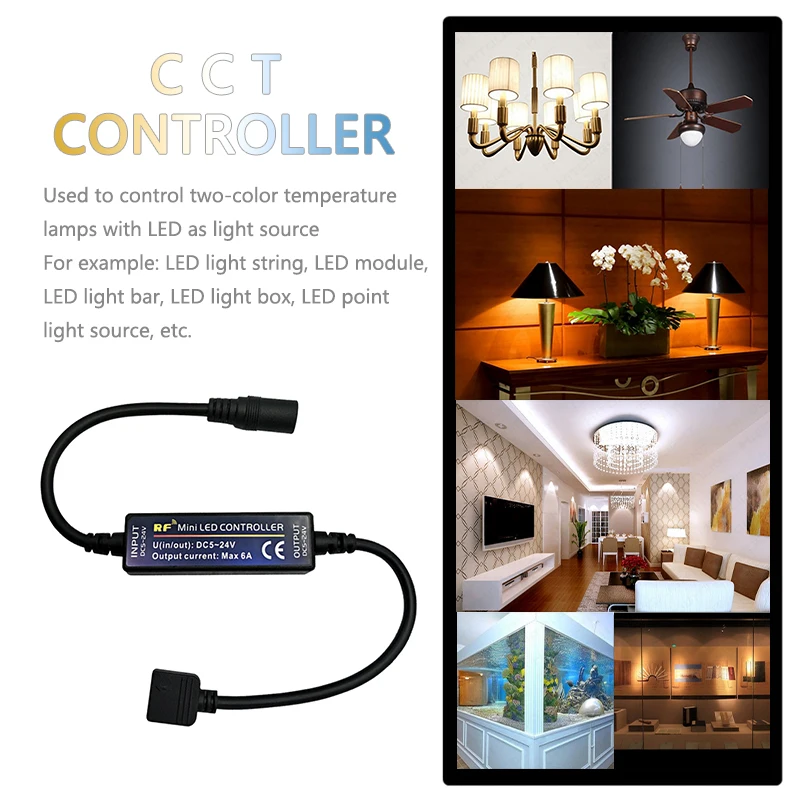 Mini LED CCT Dimmer DC 5V 12V 24V 6A RF Wireless Remote Control Dimming Controller for Constant Voltage Dual Color Lights Strips