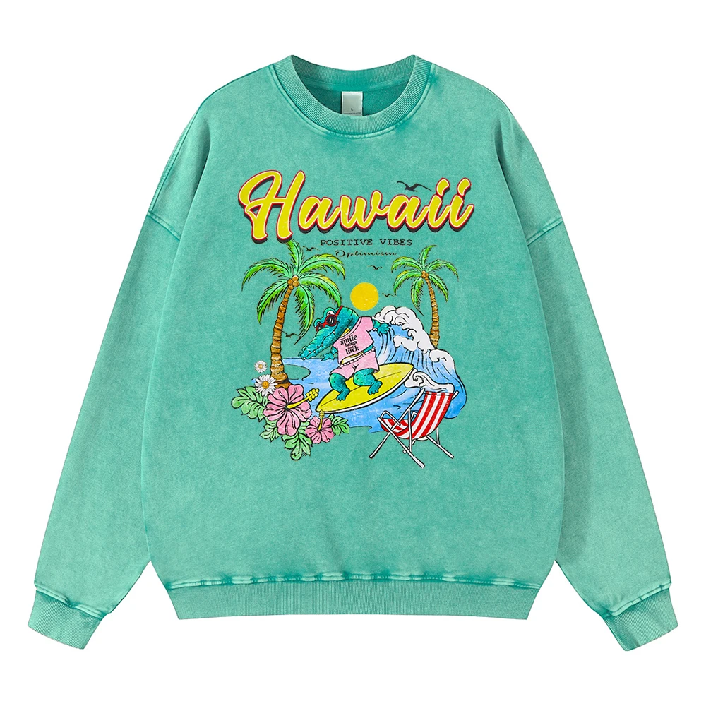 

Vintage Distressed Washing Hawaiian Cartoons Crocodile Surfing Hoodie Men Fashion Cotton Casual Clothes Autumn Sweatshirt Hoody