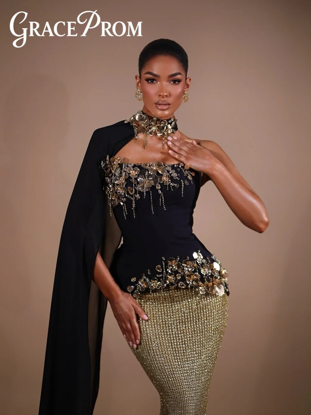 

Вечернее платье GraceProm с одним рукавом, черно-золотое, с цветочным узором и кристаллами, 2026, длинное, в пол, для вечеринок, robes de soirée