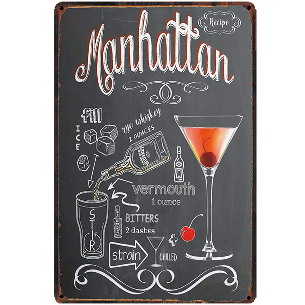 

Retro Design Manhattan Cocktail Recipe Tin Metal Signs Wall Art | Thick Tinplate Print Poster Wall Decoration for Bar