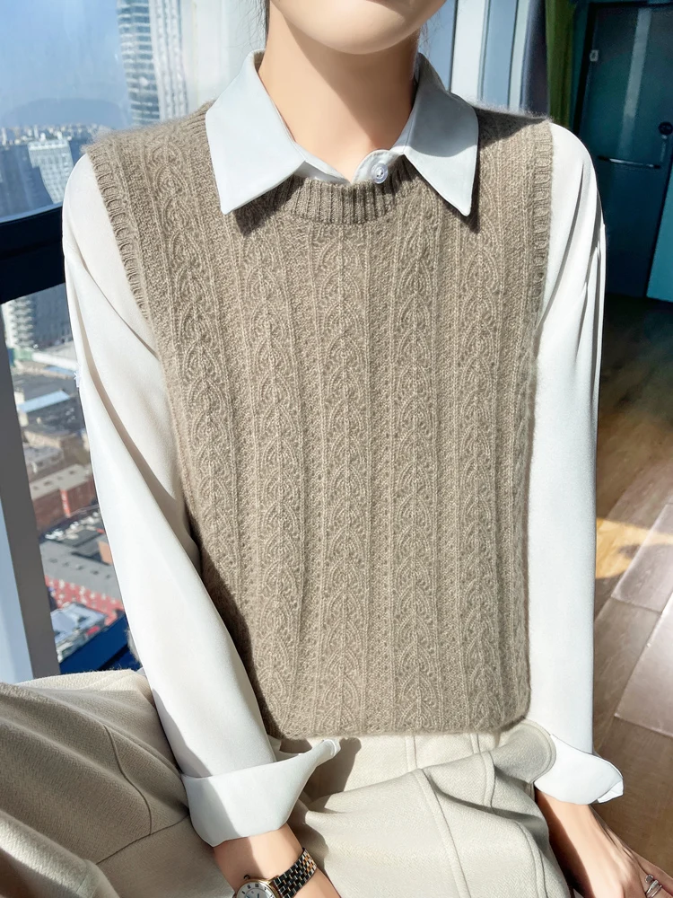 

Женский шерстяной жилет с вырезами, круглым вырезом горловины и подплечниками, свободный свитер, модная верхняя одежда для многослойных образов