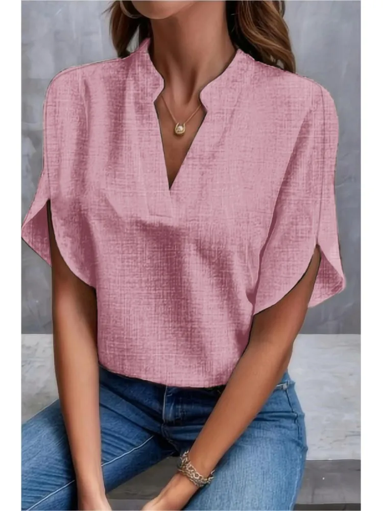 Summer Solid Color V-neck Off-shoulder Women\'s Blouse Loose Tops 2024 Elegant Office Shirt New Fashion Black Top For Women