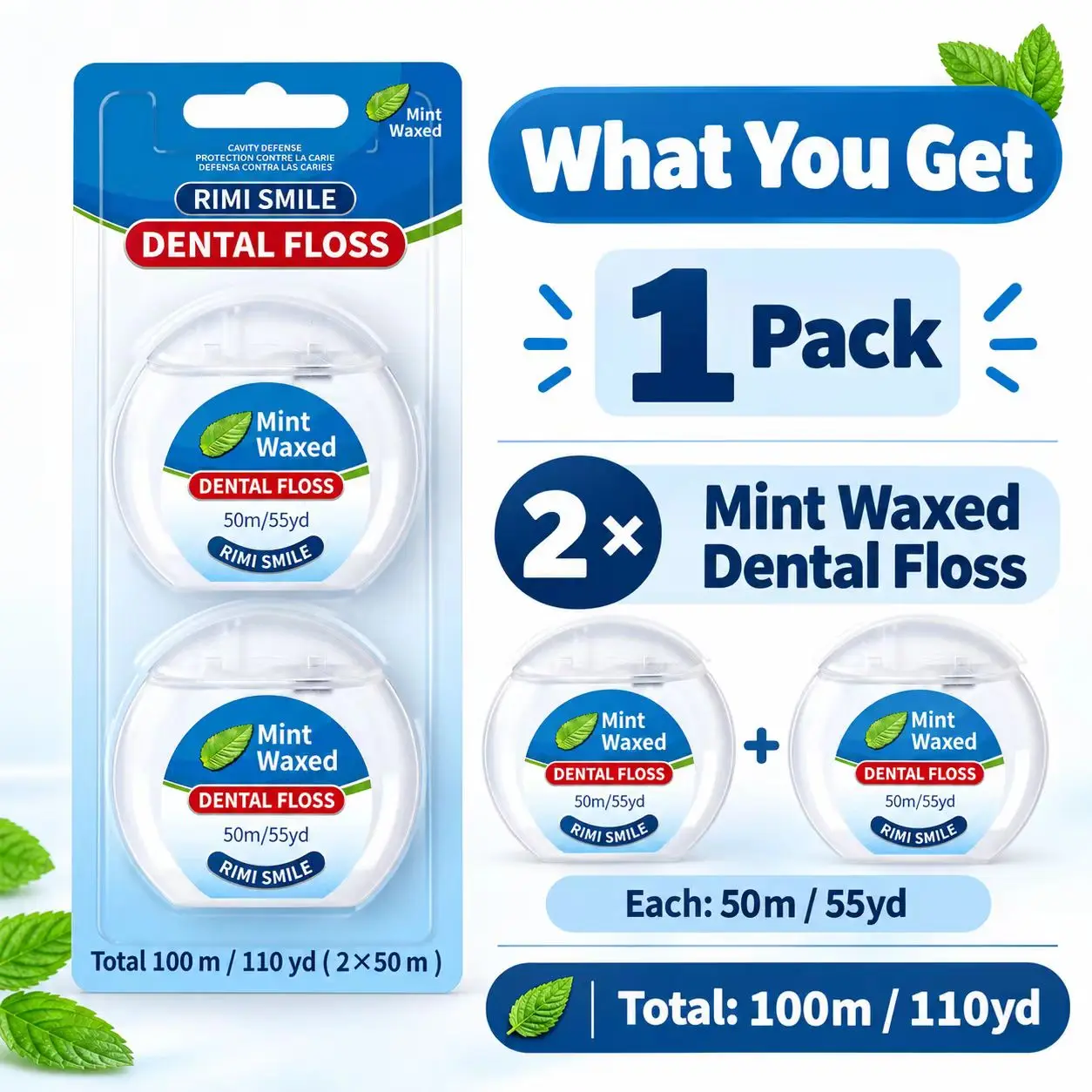 100M Dental Floss Roll 2 Pack, Smooth Sliding Floss Spool, Family Use Interdental Cleaner