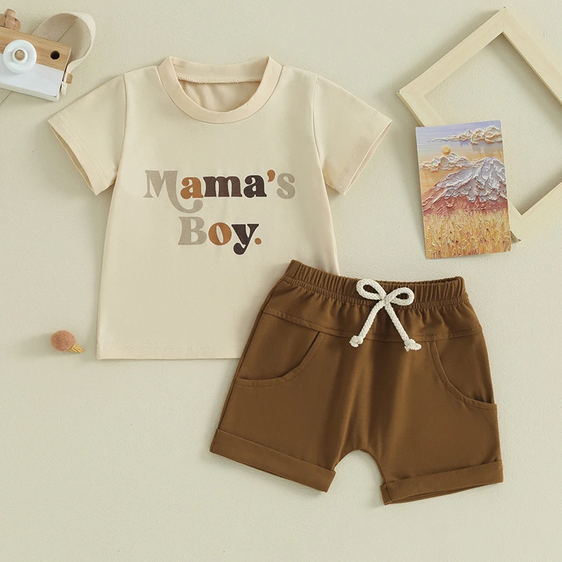 

Toddler Boys Summer Shorts Sets Short Sleeve Letter Print Tops and Drawstring Shorts Sets