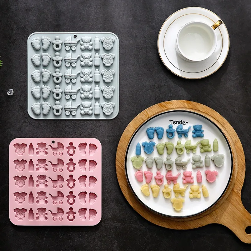1 pieza de moldes de silicona para Chocolate con tema de Baby Shower, huellas, chupete, cochecito, botella y mono, moldes 3D para dulces de Chocolate