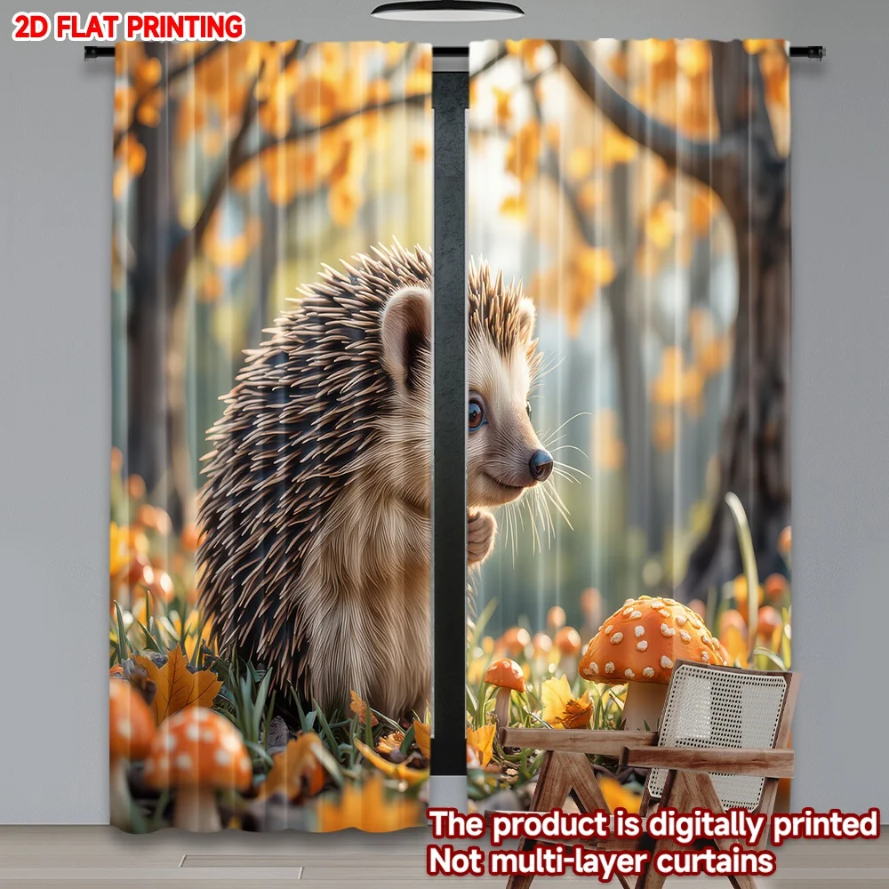 

2D flat printing 2pcs Curtain Hedgehog and Autumn Mushrooms Digital Printed Polyester Drapes Family Party for Art Party for