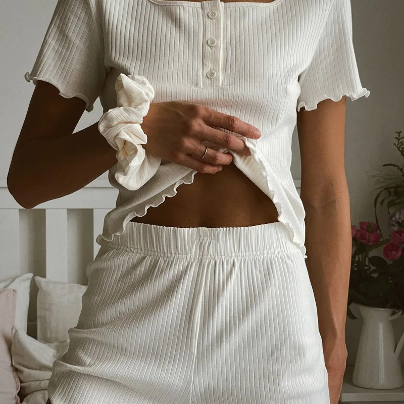 Pigiama da donna set commercio estero estate nuovo top in pizzo morbido e confortevole pigiama da donna pantaloncini a maniche corte set da due pezzi