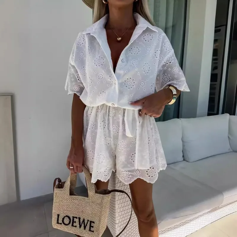 2024 Spring Summer New Women\'s Clothing Solid Color Embroidered Lace Shirt Jumpsuit Playsuit Shorts Pants