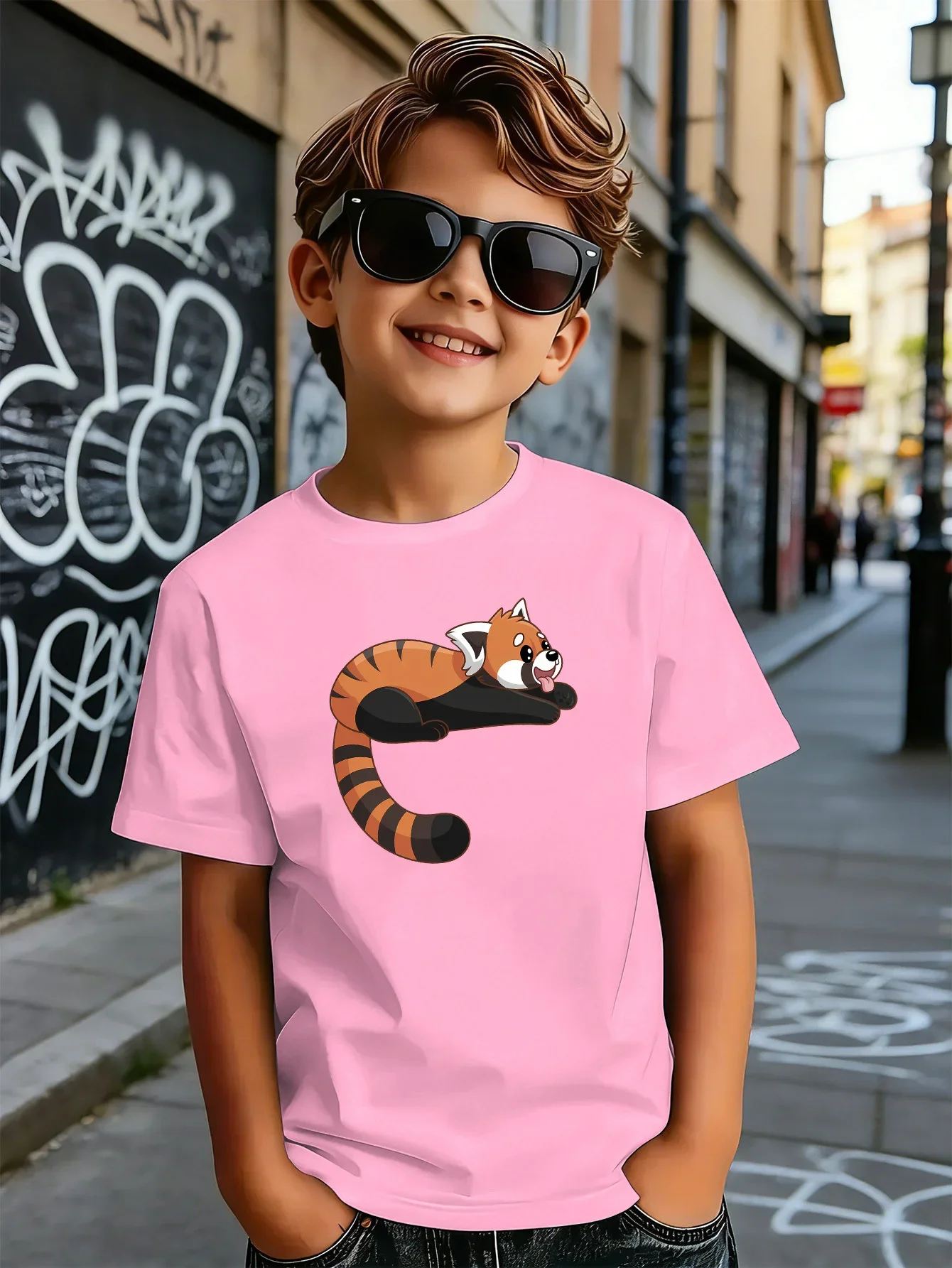 Cute Lying Cartoon Red Panda Print Kids T Shirt Boys Girls Short Sleeve Crew Neck Cotton Animal Parent Child Matching Tees