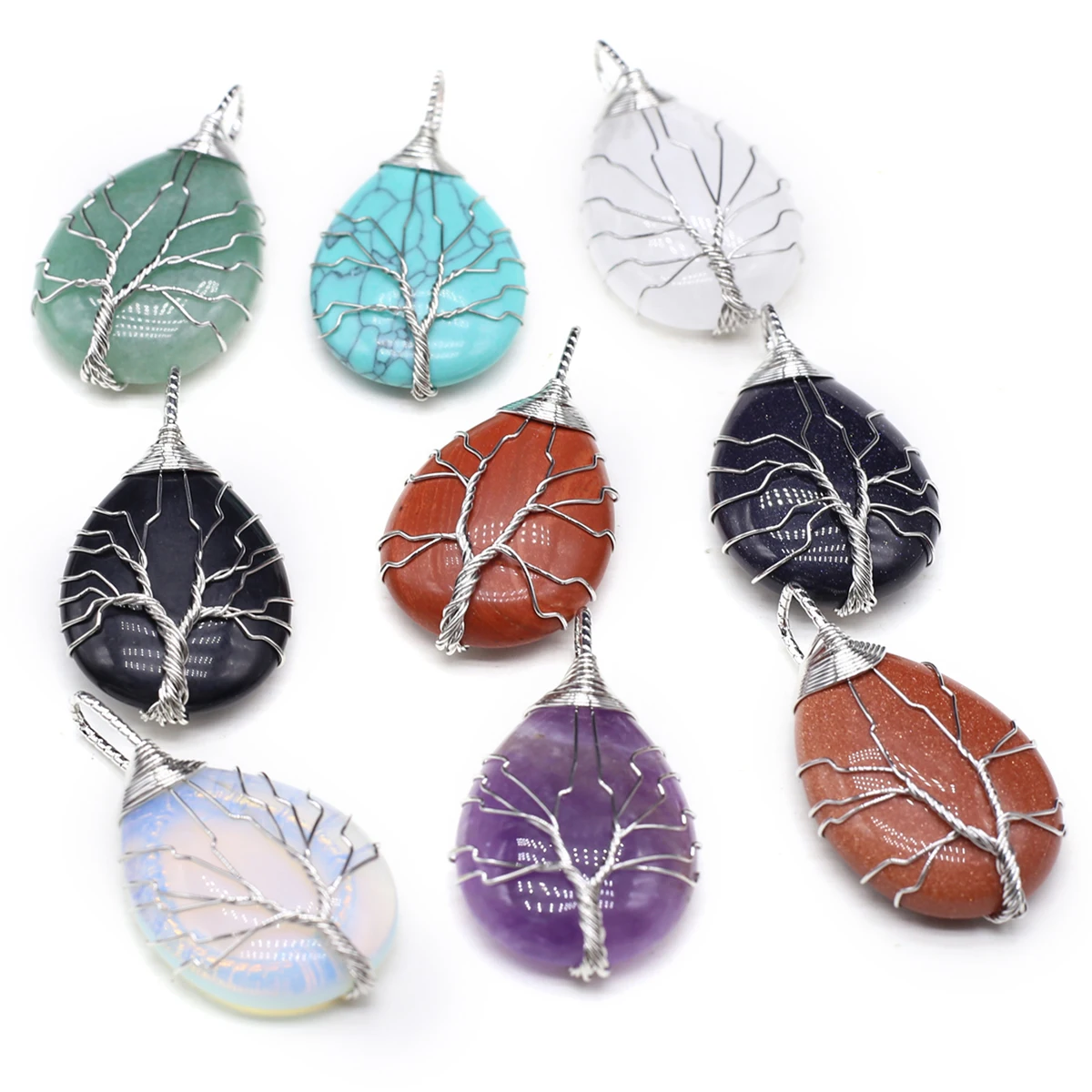 2pcs Random Color 45x25mm Water Drop Shape Tree of Life Pendant Natural Stone Crystal Charms for Jewelry Making DIY Necklace