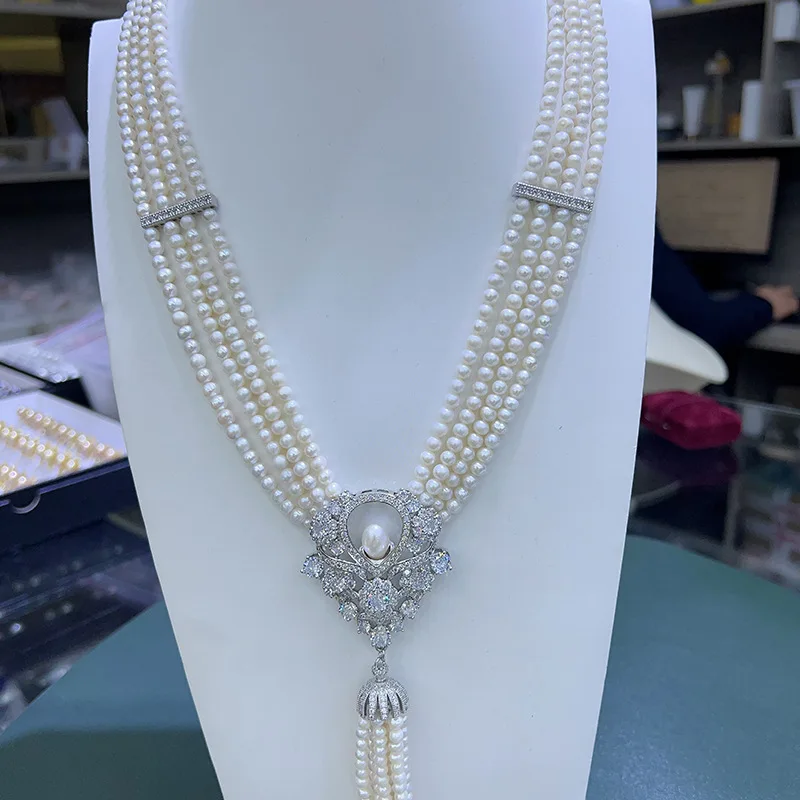 Vintage Necklace Pearl Pendant Tassel Multi-layer Mid-length Sweater Chain Inlaid with Zirconia Smart Fashion Design