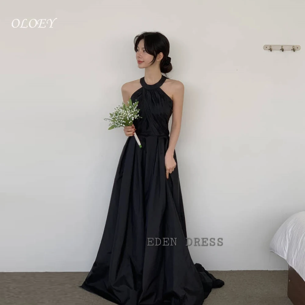 

OLOEY Simple Black Evening Dress A-Line Halter Floor-Length Formal Party Occasion Dresses A-line Satin Prom Gown Customized