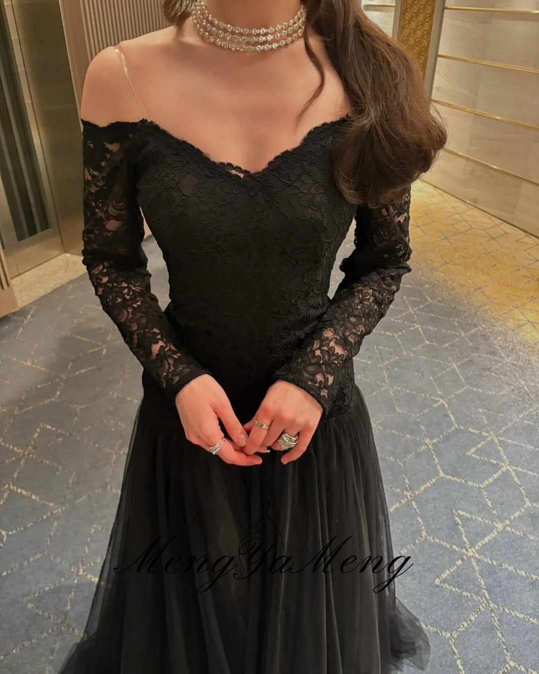 ZHUISHU ثوب مسائي أسود أنيق للنساء من الدانتيل المرقعة على شكل حرف A فساتين طويلة للحفلات الراقصة مخصصة بأكمام طويلة فستان رسمي للمناسبات #6