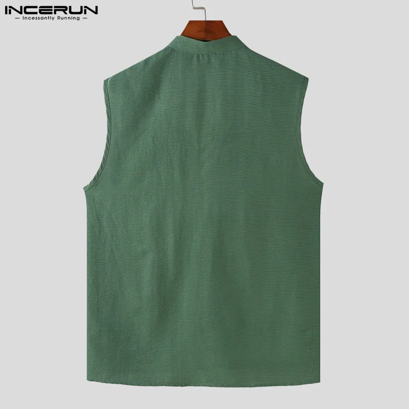 INCERUN Men Shirt Solid Color Stand Collar Sleeveless Button Casual Men Clothing Streetwear Summer 2024 Fashion Camisas S-5XL